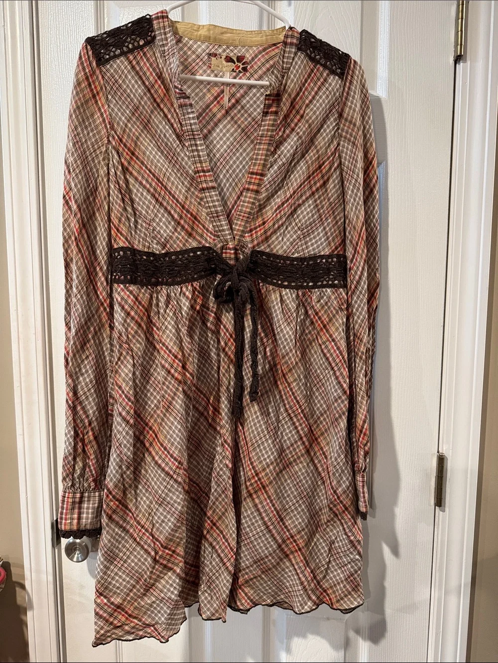 Free People Plaid Shirt Dress with Crochet Tie Belt - Brown, Cream, Rust